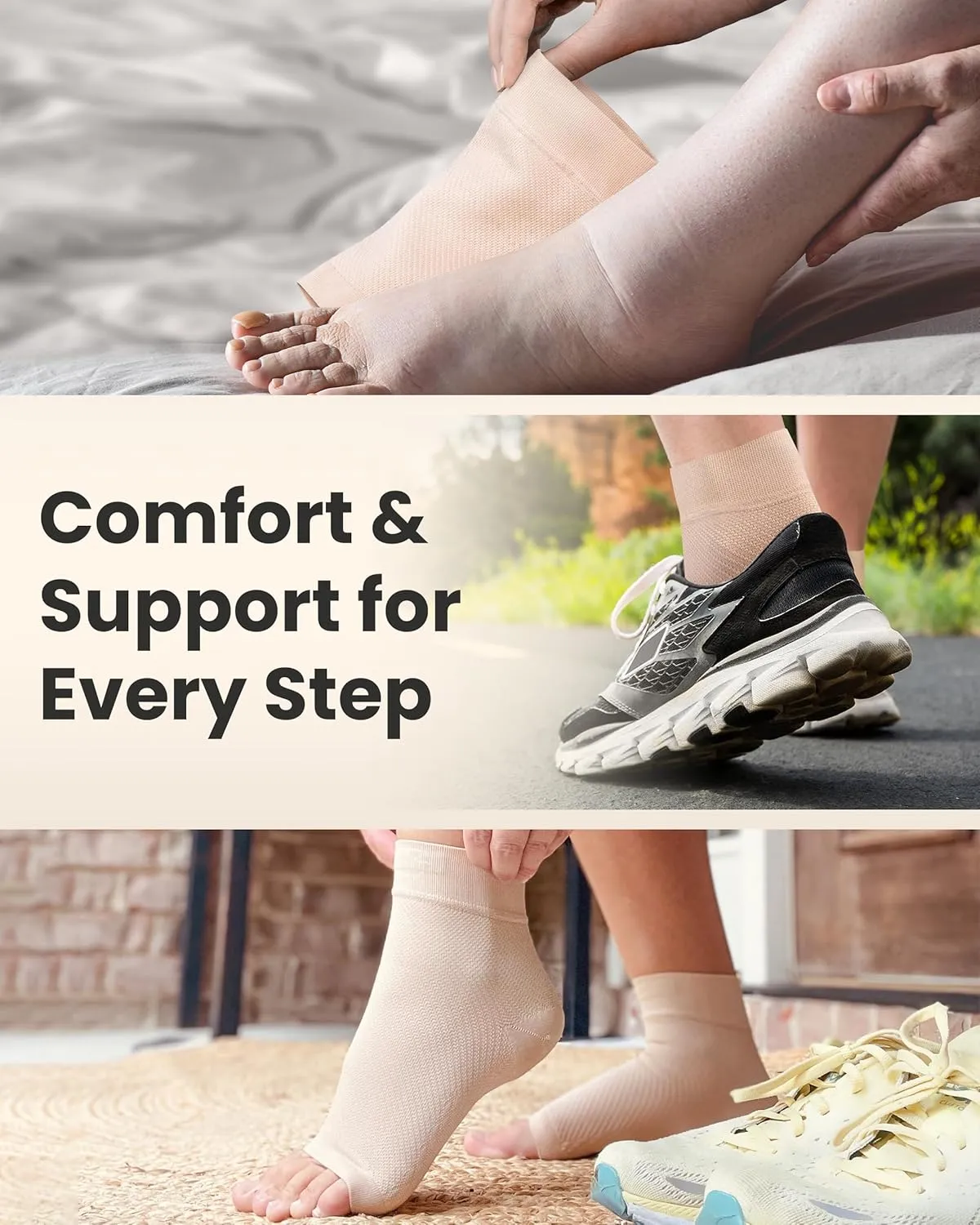 KEMFORD Ankle Compression Sleeve - Plantar Fasciitis Braces - Open Toe Compression Socks for Swelling, Sprain, Neuropathy, Foot Arch Support for Men and Women - 15-20mmhg, L, Beige