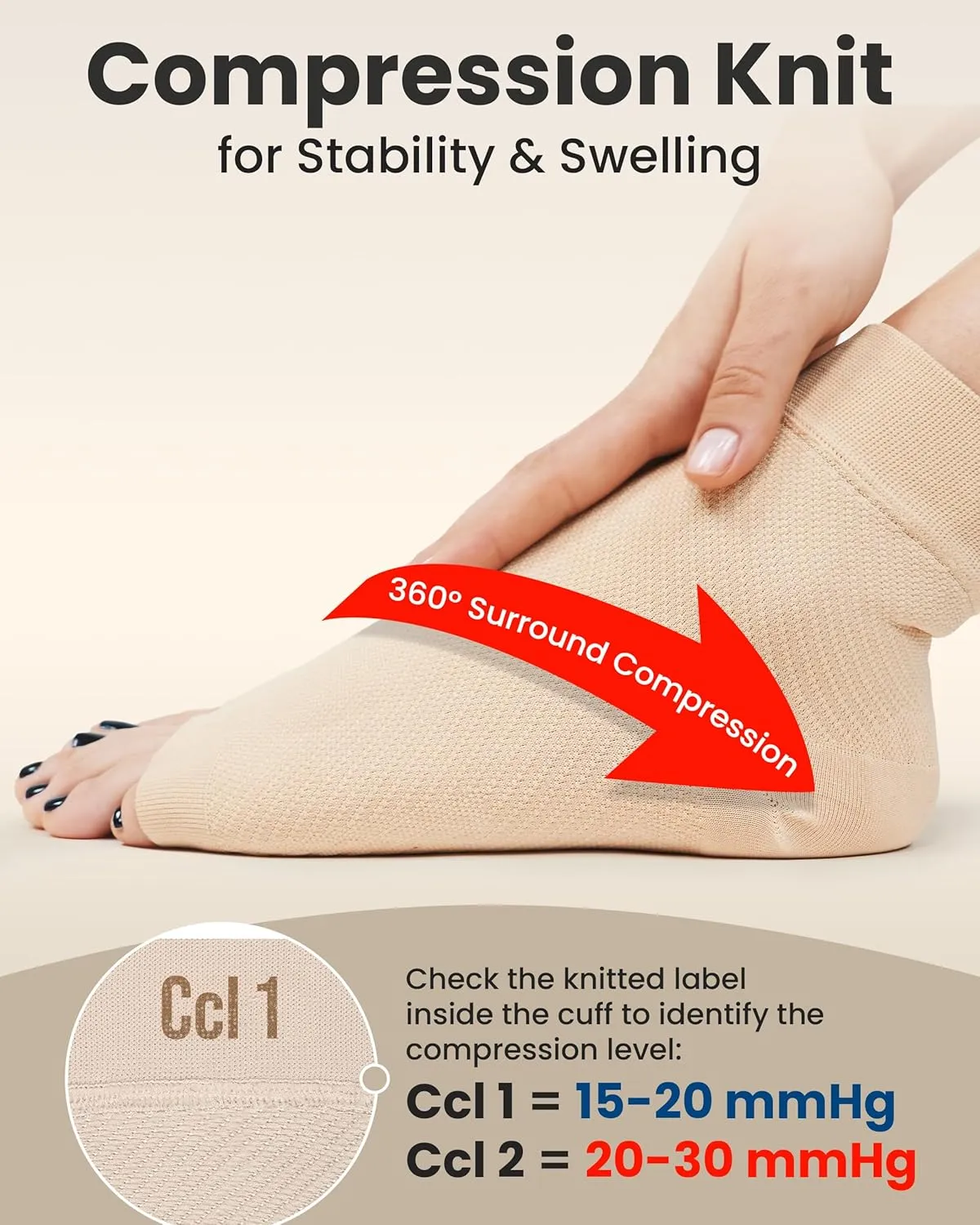 KEMFORD Ankle Compression Sleeve - Plantar Fasciitis Braces - Open Toe Compression Socks for Swelling, Sprain, Neuropathy, Foot Arch Support for Men and Women - 15-20mmhg, L, Beige