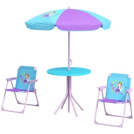 Kids Picnic Table and Chair Set, Fairy Themed Outdoor Garden Furniture w/ Foldable Chairs, Adjustable Parasol