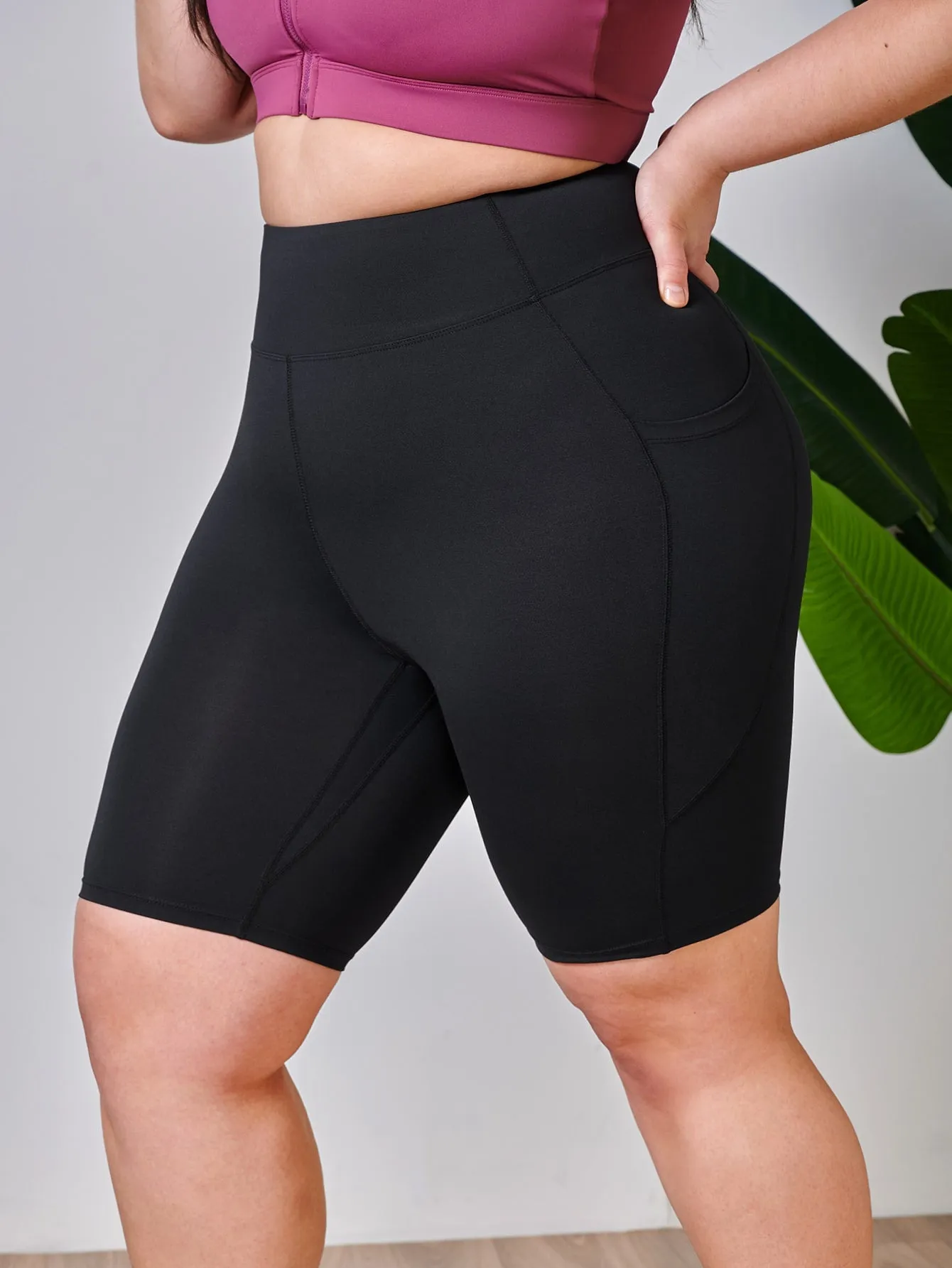 Plain Pocket High Waist Plus Size Sports Shorts