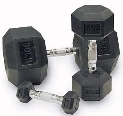 Rubber Hex Dumbbells w/ Chrome Ergo Grips