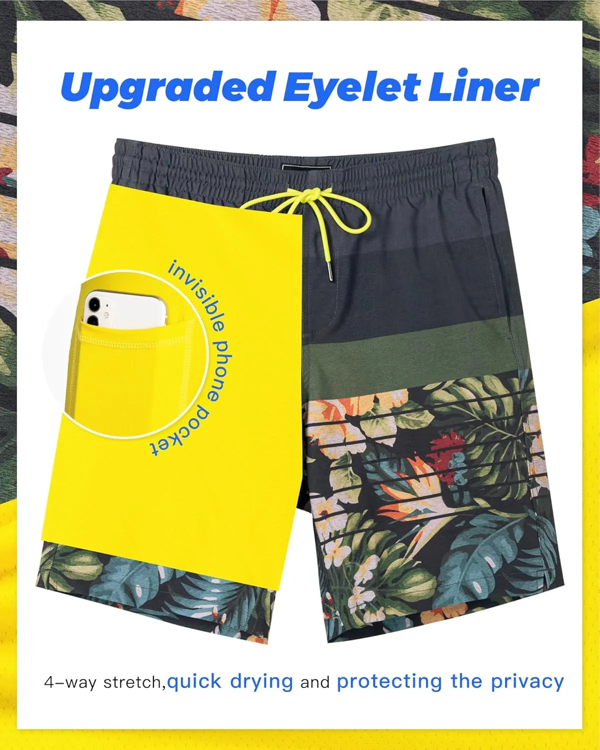 SURF CUZ 9" Mens Swim Trunks with Compression Liner Bathing Suits 2 in 1 Stretch Zipper Pockets Quick Dry
