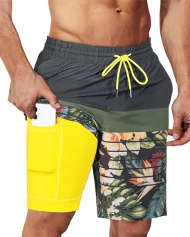 SURF CUZ 9" Mens Swim Trunks with Compression Liner Bathing Suits 2 in 1 Stretch Zipper Pockets Quick Dry