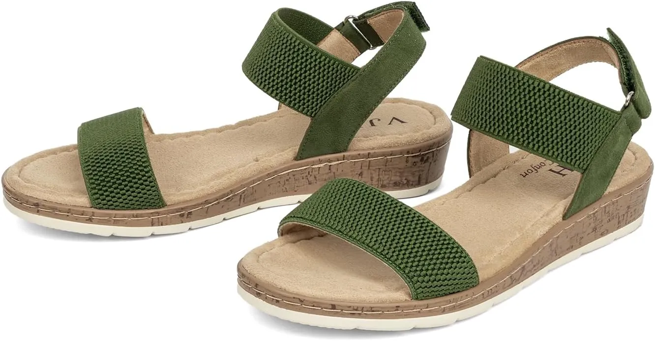 VJH confort Womens Flat Sandals Open Toe Elastic Ankle Strap Slip on Comfy Low Wedge Sandals
